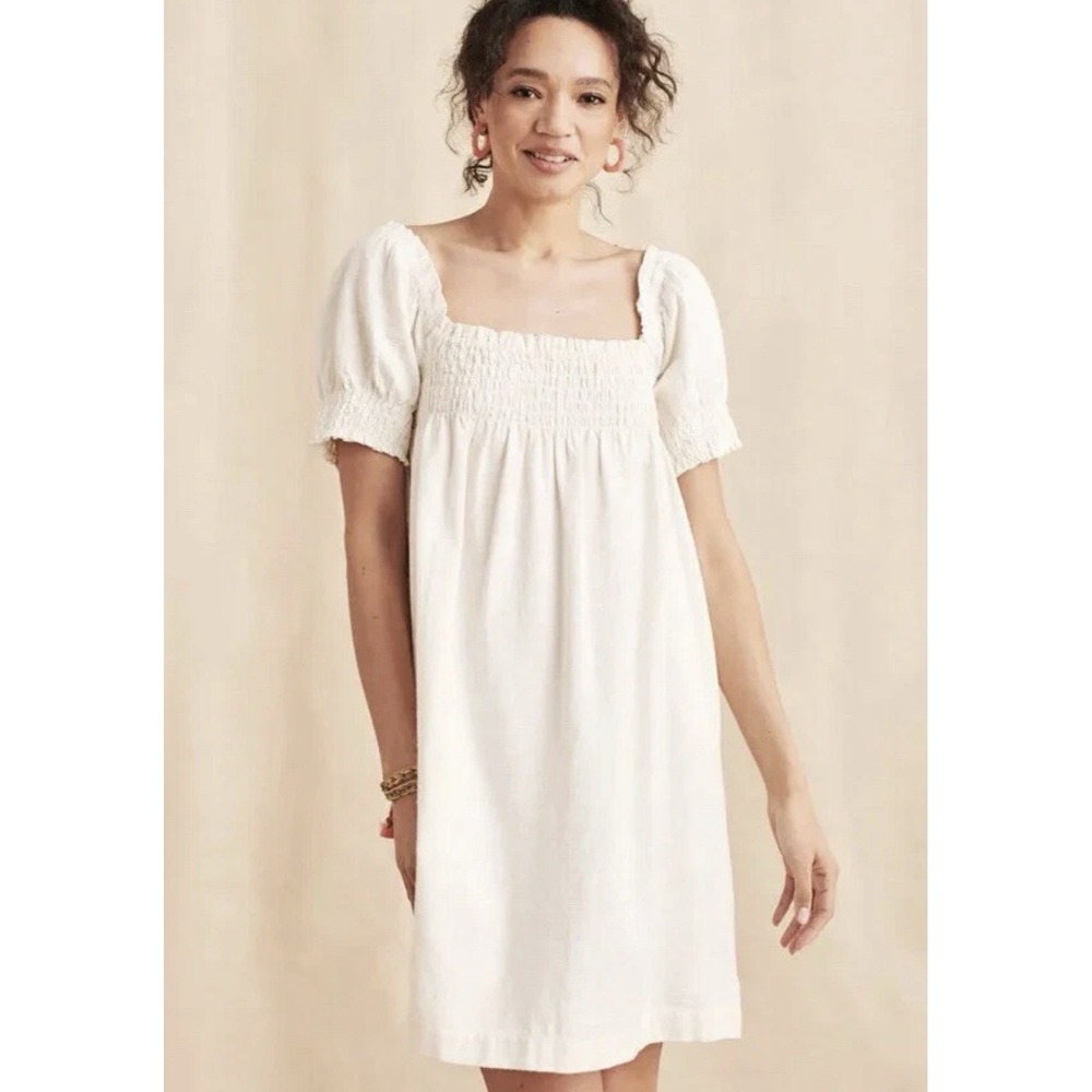 NWT $178 Faherty Organic Cotton Smocked Short Sleeve Ramona Dress White Medium